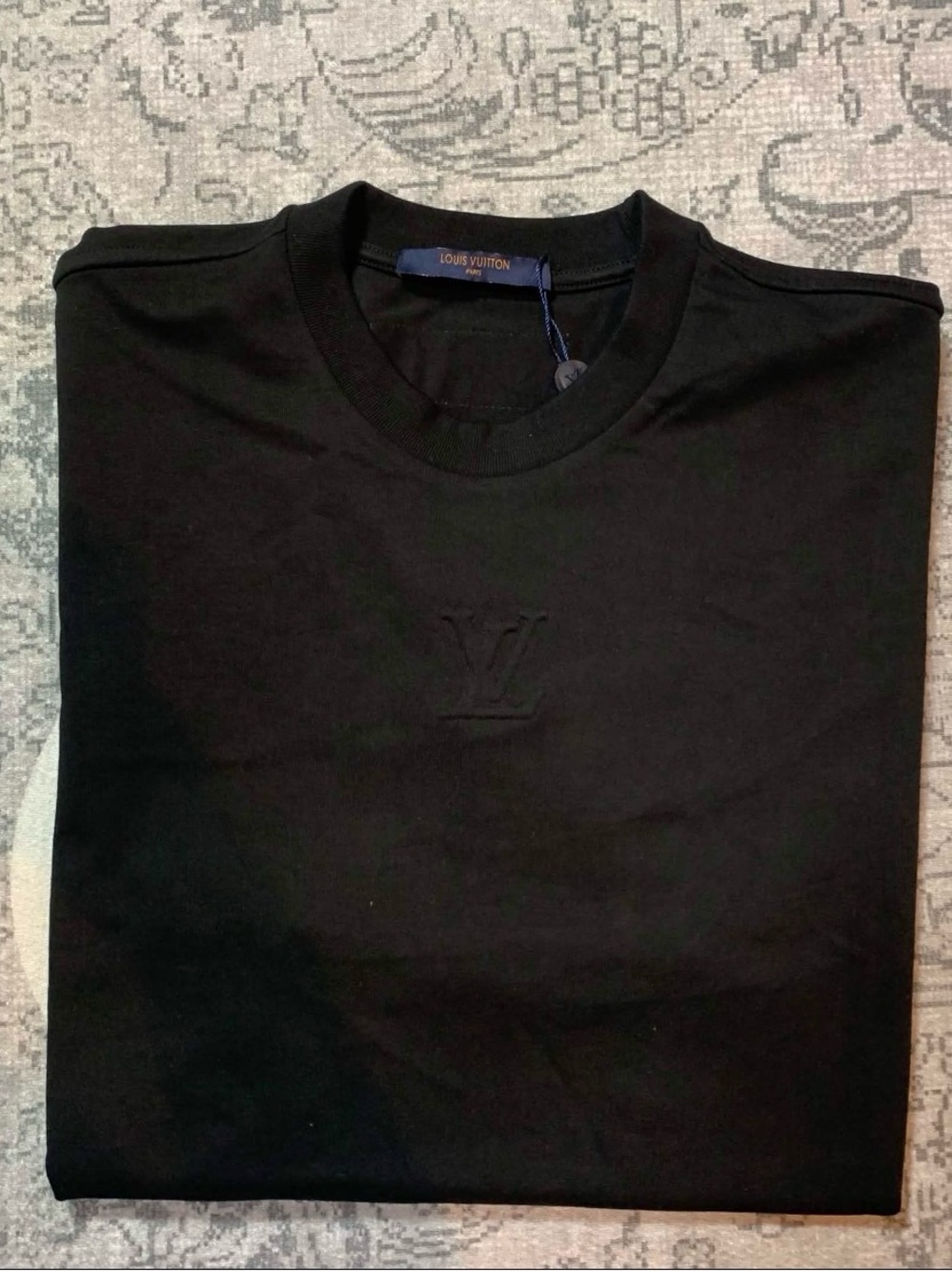 Louis Vuitton Black Crewneck T-Shirt with Embossed LV Detail